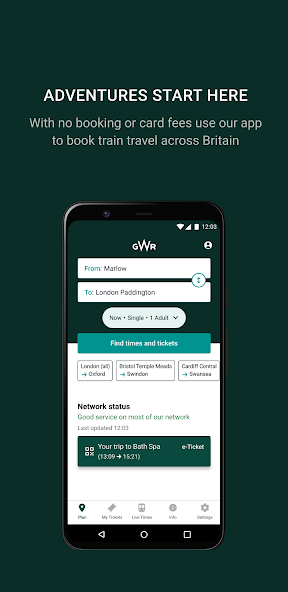 Great Western Railway journey application screen
